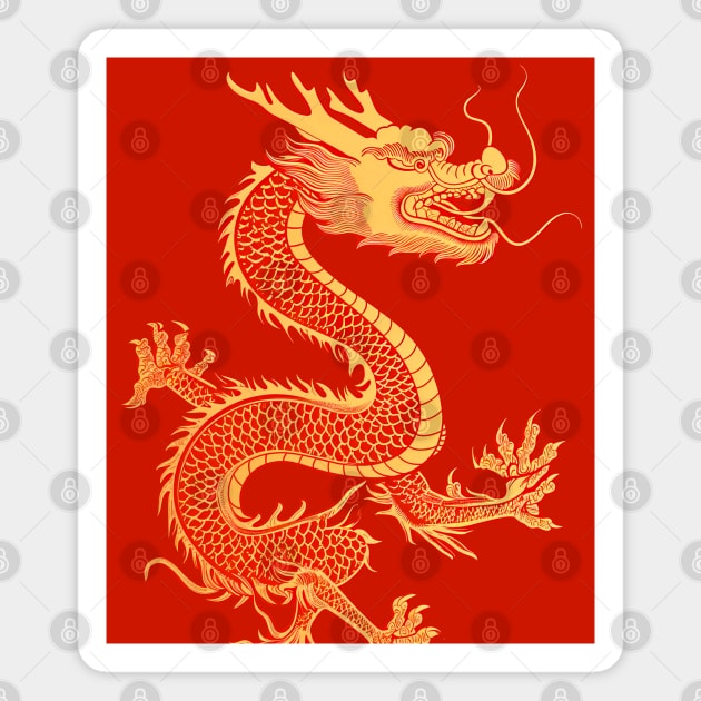 Chinese Golden Dragon on a Lucky Red Background: Chinese New Year, Year of the Dragon on a Dark Background Magnet by Puff Sumo